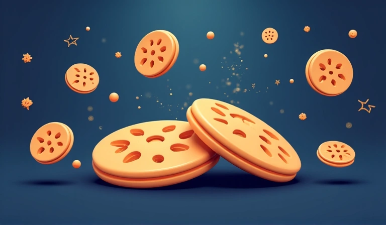 Illustration de biscuits numériques avec des icônes de données, symbolisant l'utilisation de cookies sur un site web